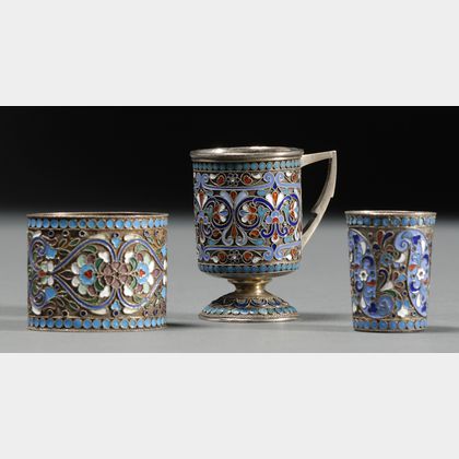 Three Small Russian Silver Enamel Tablewares