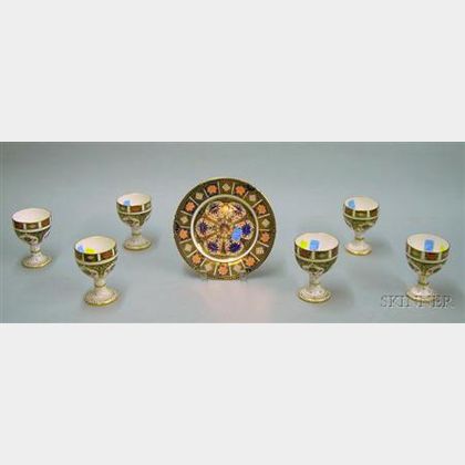 Set of Six Royal Crown Derby Gilt Imari Palette Porcelain Goblets and a Plate. 