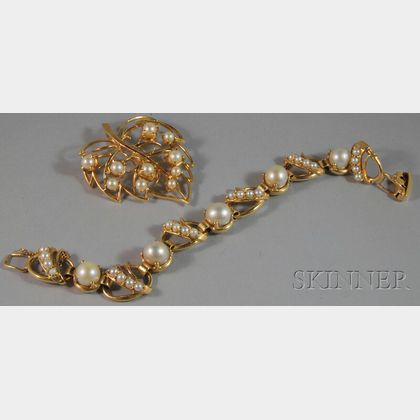 14kt Gold and Cultured Pearl Bracelet and Pin