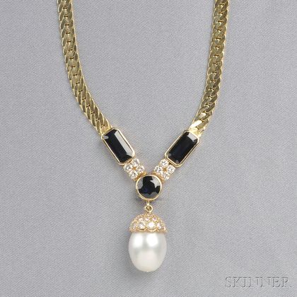 14kt Gold, South Sea Pearl, Sapphire, and Diamond Necklace