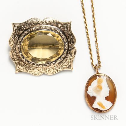 14kt Gold Cameo Necklace and a Low-karat Gold and Citrine Brooch
