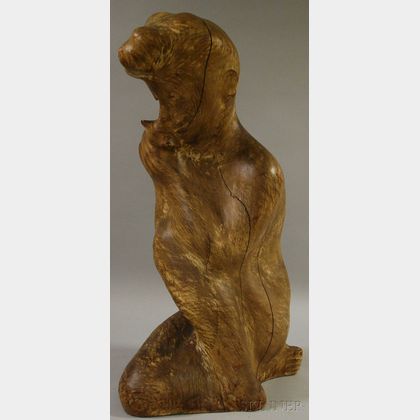 Modern Carved Wood Sculpture of a Woman Holding a Cat