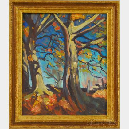 Two 20th Century Framed Works: Cape Ann School, 20th Century, Oak Trees in Autumn