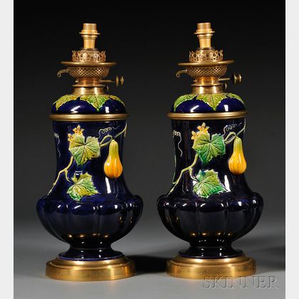 Pair of Brass-mounted Majolica Oil Lamps