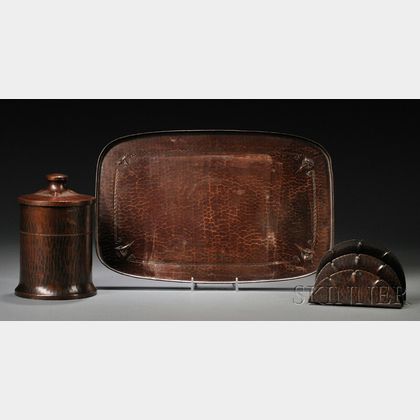 Roycroft Hammered Copper Tray, Covered Canister, and a Letter Holder