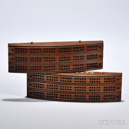 Mahogany Cribbage Board, probably England, 19th century, the slightly arched carved and beaded form with six rows of holes slides to se