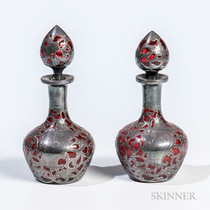 Pair of Gorham Silver Overlay Ruby Glass Colognes