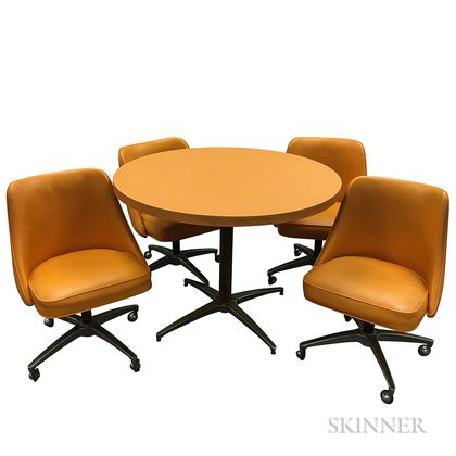 Orange Pedestal Table with Four Swivel Chairs on Casters