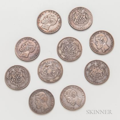 Ten Romanian 5 Lei Coins