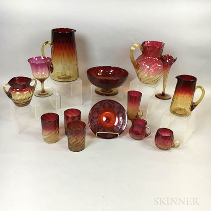 Fourteen Pieces of Amberina Glass