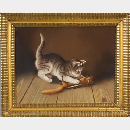 American School, 19th Century Gray Tabby Kitten Pouncing on a Chipmunk.