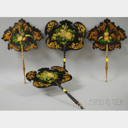 Four Victorian Rococo Revival Gilt and Hand-painted Floral-decorated Black Lacquered Papier-mache Hand Screens