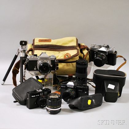 Group of Film Cameras, Lenses, and Other Camera Equipment