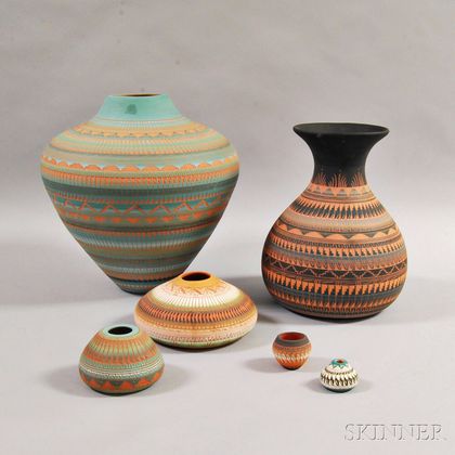 Six Pieces of Dina Johnson Contemporary Navajo-style Pottery