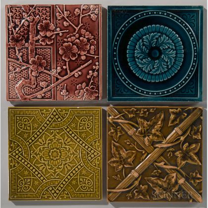 Four Minton Floral Art Pottery Tiles 