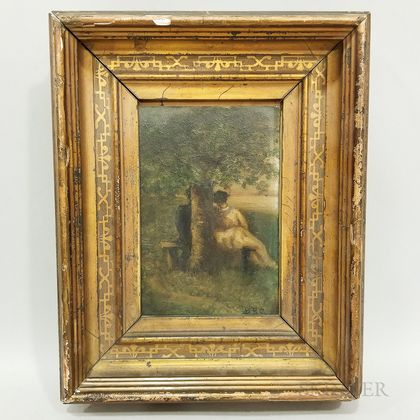 Framed Continental School Oil on Board Work Depicting Lovers by a Tree