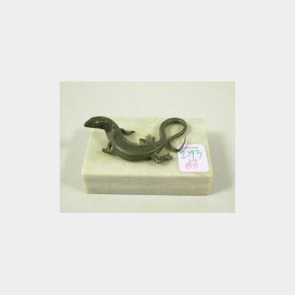 Small Patinated Bronze Lizard on a Gray Marble Paperweight. 