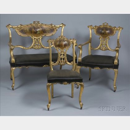 Three-piece Louis XV Style Vernis Martin Carved Giltwood and Upholstered Parlor Set. 