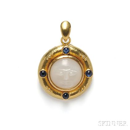 18kt Gold, Carved Moonstone, and Sapphire Pendant/Brooch, Elizabeth Locke