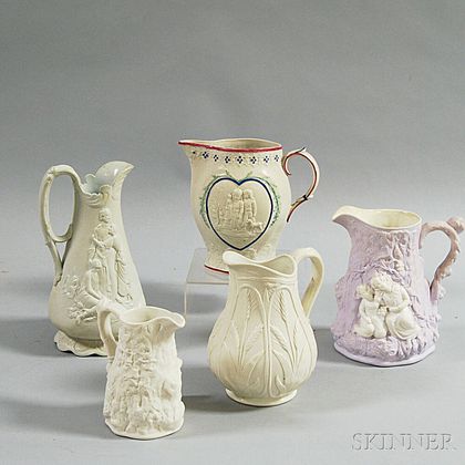 Five Ceramic Staffordshire Relief-molded Pitchers