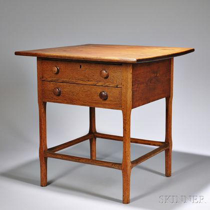 Pine and Oak Two-drawer Table, early 19th century, the square top with slightly bowed edges on a case with two drawers joining square c