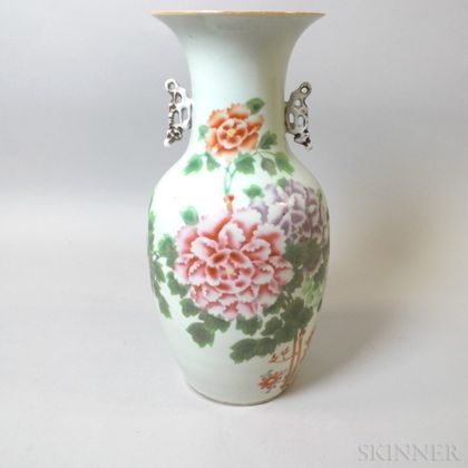 Large Chinese Floral-decorated Porcelain Handled Vase