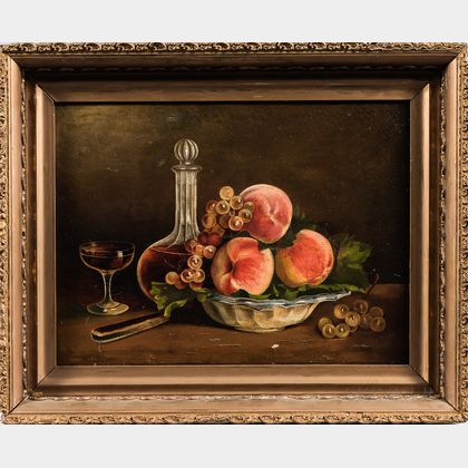 American School, 19th Century Still Life with Peaches and a Decanter