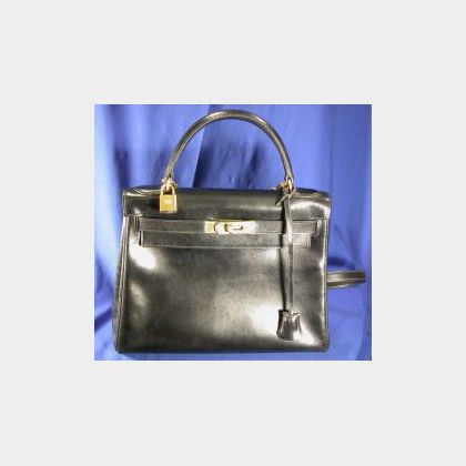 Black Leather &#34;Kelly&#34; Handbag, Hermes