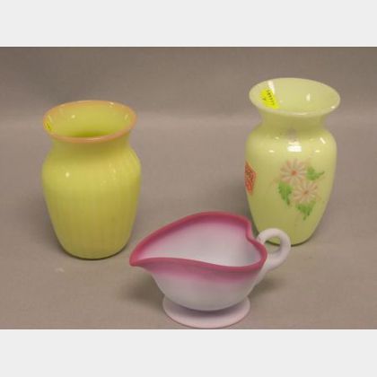 Two Pairpoint Bryden Burmese Vases, and a Bryden Peachblow Creamer