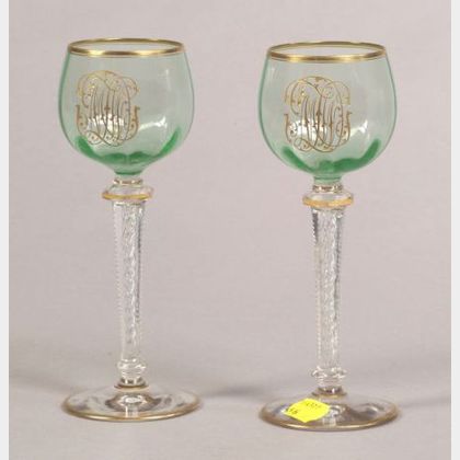 Set of Eight Continental Apple Green and Colorless Gilt Monogrammed Wine Stems