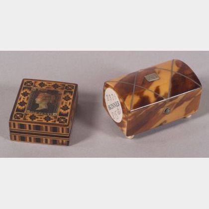 English "Tunbridge Ware" "Penny Black" Stamp Box and Miniature Tortoiseshell Tea Cad