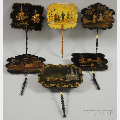 Six Rococo Revival Gilt and Chinoiserie-decorated Black Lacquered Papier-mache Hand Screens