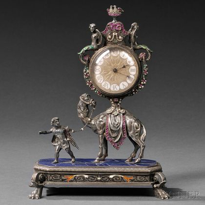 Viennese Silver, Enamel, and Jeweled Camel-form Clock