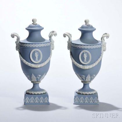 Pair of Wedgwood Solid Light Blue Jasper Vases and Covers