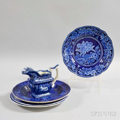 Five Staffordshire Blue Transfer-decorated Items