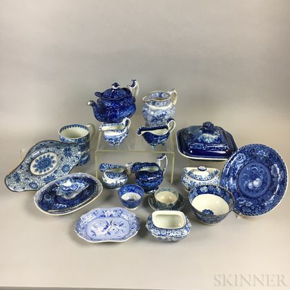Twenty Pieces of Blue and White Transfer-decorated Ceramic Tableware