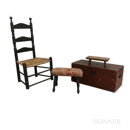 Country Black-painted Ladder-back Chair, Two Stools, and a Box. Estimate $200-250