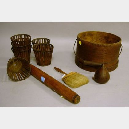 Six Shaker Berry Baskets, a Wooden Pantry Box, a Toy Wooden Top, a Brush, and a Rolling Pin. 