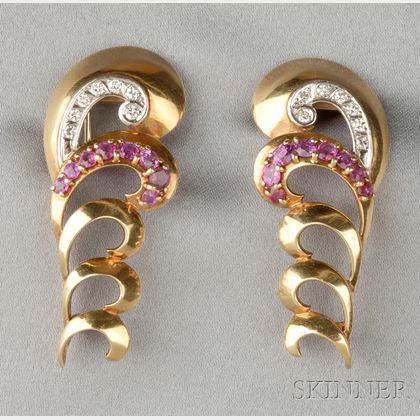 Two Retro 18kt Gold, Ruby, and Diamond Brooches
