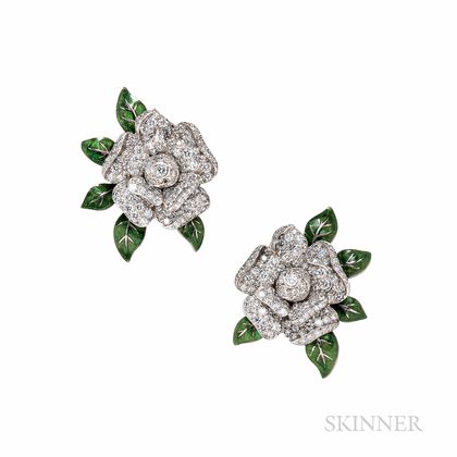 Oscar Heyman Platinum, Enamel, and Diamond Gardenia Earrings