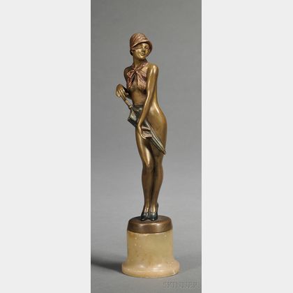 After Bruno Zach (Austrian, 1891-1935) Small Bronze Figure of a Girl with Umbrella