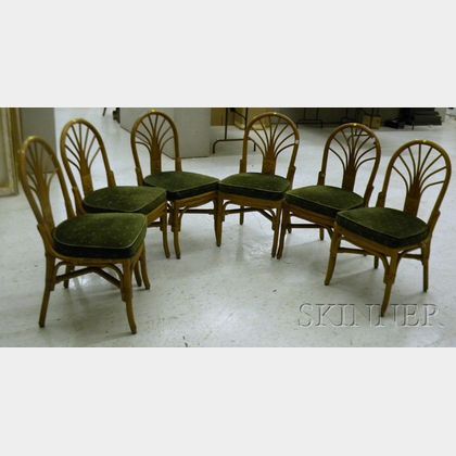 Set of Six Rattan Side Chairs with Upholstered Seats. 