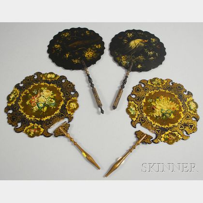 Two Near Pair of Victorian Rococo Revival Gilt and Paint-decorated Black Lacquered Hand Screens