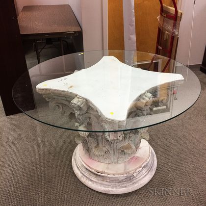 Plaster Corinthian Capital-base Glass-top Table