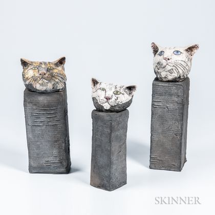 Three Jill Crowley Ceramic Cat Sculptures