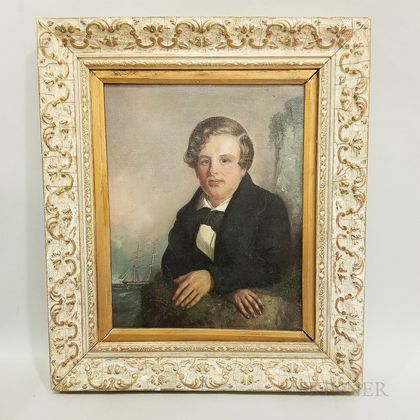 Framed Oil on Canvas Portrait of a Man and a British Sailing Vessel