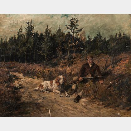 John Emms (British, 1843-1912) Hunter and Dog at Rest