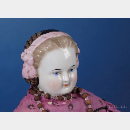 Dark Blonde China Shoulder Head Doll with Decorative Snood