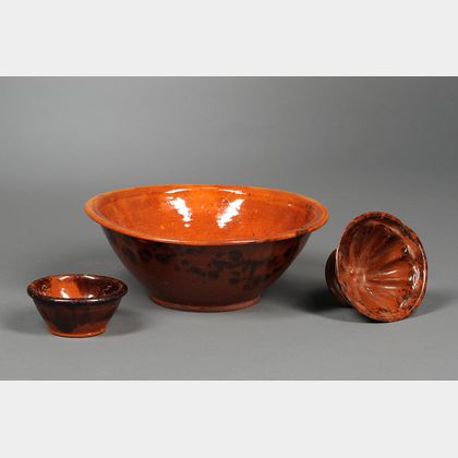 Glazed Redware Bowl, Small Bowl, and Footed Mold