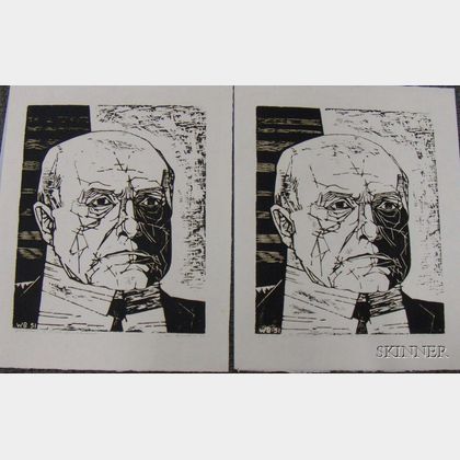 Two Unframed Woodcuts on Paper Portrait Head of Max Beckmann